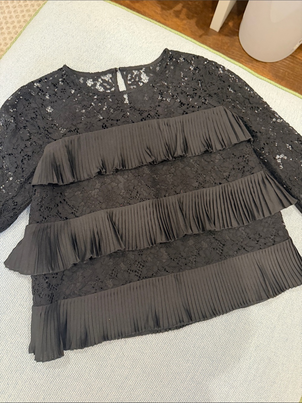 J. Crew Black Lace Blouse with Pleated Ruffle Panels